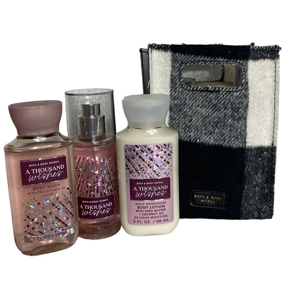 Bath and Body Works A THOUSAND WISHES 3PC  Travel Set With Black/White Plaid Gif